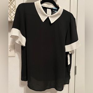 CeCe Black Blouse with White Peter Pan Collar and Pleated Cuff Detail